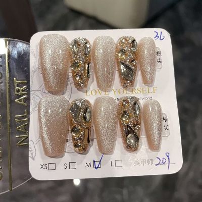 WPR New Arrival Luxury XS S M Cat Eye Hand-made Champagne Crystal Coffin Press On Nails 10 Reusable nails Glue on Designer Diamond Acrilicnails Nailart in 5 Size 10Nail Kit Package with High Class Transperant Box 