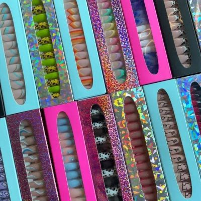 WPR Factory Top Sell Luxury Package Pink Glitter Ombre Almond Rhinestone Long Ballerina Press on nail Tips Press Ons Design Long Coffin French Acrylic Artificial Fingernails Nailart 10 Size 24 Press on Nails Kit with Nail Glue Package Custom Logo Box