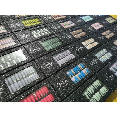 WPR Luxury High Quality Pink Blue Glitter French Crystal Diamond Press Ons Design Rhinestone Long Coffin Acrylic Press On Reusable Nails Long Ballerina Artificial Fingernails Nailart 10 Size 24 Press on Nails Kit with Nail Glue Package Custom Logo