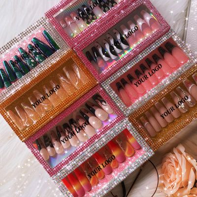 WPR New Glitter Custom Logo Box With French Rhinestone Chrome Long Coffin Press On Nails Design Long Ballerina Luxury Artificial Fingernails Nailart 10 Size 24 Press on Nails Kit with Nail Glue Stickers Package Custom Logo Box