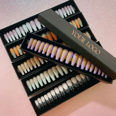 WPR Luxury Custom Long Black Box With Crystal Rhinestone 3D Design Nude Press On Nails Diamond Press On Nails Design Medium Long Coffin Artificial Fingernails Nailart 10 Size 24 Press on Nails Kit with Nail Glue Package Custom Logo Box