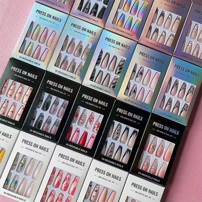 WPR New Private Label Holographic Color Package with Pink Cat Eye Design Nude Medium Coffin Press On Nails Diamond Press On Nails Design Medium Coffin Artificial Fingernails Nailart 10 Size 24 Press on Nails Kit with Nail Glue Package Custom Logo Box