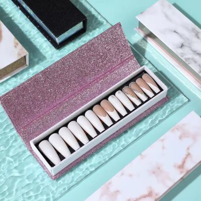 WPR Luxury Hot Sell Long Custom Logo Package with Blue Long Coffin Diamond Press On Nails Ombre Press On Nails Design Medium Ballerina Artificial Fingernails Nailart 10 Size 24 Press on Nails Kit with Nail Glue Package Custom Logo Box