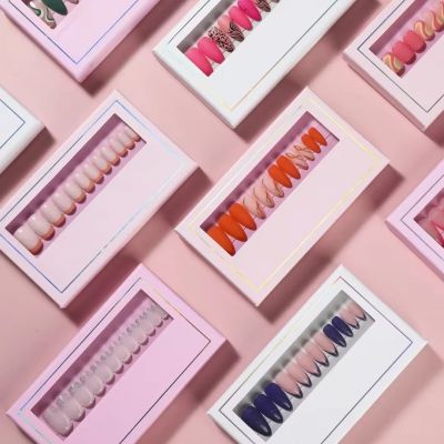 WPR Private Label Nails False High Quality In Stock Almond Press On Nails Faux Ongles Pink Color Custom Fancy False Nails Vendor For Salon 10 Size 24 Press on Nails Kit with Nail Glue Package Custom Logo Box