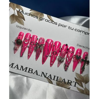WPR Handmade Rose Pink French Butterfly Rhinestone NailCross Chrome Long Stiletto Heart Press nail Tips Press On Nails Design Luxury Artificial Fingernails Nailart 10 Size 24 Press on Nails Kit with Nail Glue Package Custom Logo Box