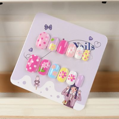 WPR Fashion Pink Daisy Colorful Design 24 Acrylic Kid Nails Press On Nails for kids Children Square Finger Nails Tips Press On Kid nails Luxury Artificial Fingernails Nailart 10 Size 24 Press on Nails Kit with Nail Glue Package Custom Logo Box