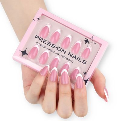 WPR Luxury Custom Hot Sell 30 Nails Pink White French Short Almond Acrylic Press On Nails Package with Custom Window display BoxDesign Short Almond Artificial Fingernails Nailart 15 Size 30 Press on Nails Kit with Nail Glue Package Custom Logo Box