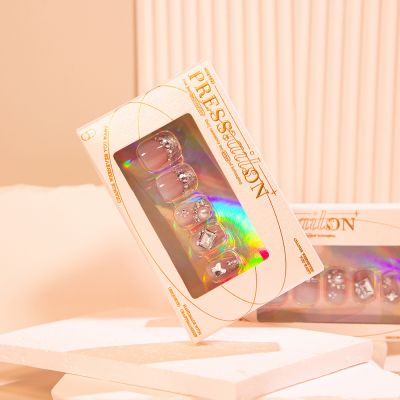 WPR Top Sell Custom Window Display Private Label Package Box with 30 Pink Crystal Diamond French Short Square Coffin Press On Nails Design Reusable Artificial Fingernails Nailart 15 Size 30 Press on Nails Kit with Nail Glue Package Custom Logo Box