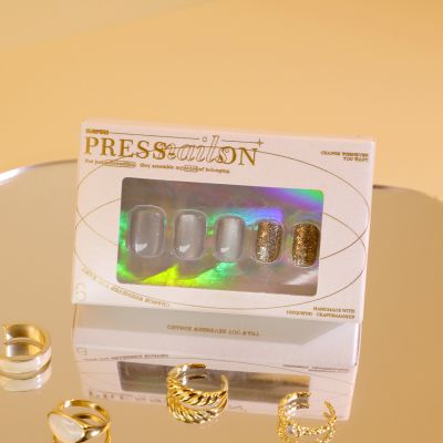 WPR Factory Low MOQ Customized 5 Nails Display Private Label Logo Window Box Package With Gold Silver Cat Eye Chrome Short SquarePress On Nails Design Artificial Fingernails Nailart 10 Size 24 Press on Nails Kit with Nail Glue Package Custom Logo Box