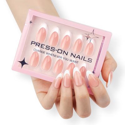 WPR Factory New Hot Customized 10 Nails Display Private Label Logo Window Box Package With Pink White French Chrome Short Almond Press On Nails Design Artificial Fingernails Nailart 10 Size 24 Press on Nails Kit with Nail Glue Package Custom Logo Bo