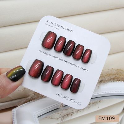 WPR Hot Sell Red Crystal Cat Eye Nail Private Label Package Box Red Glitter Medium Coffin Cat Eye Acrylic Luxury Press On Nails Fake Manicure Artificial Fingernails Nailart 24 Press on Nails Kit with Nail Glue Package Custom Logo Box