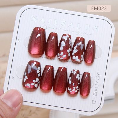 WPR Hot Custom Color Window Display Package Box with 10 Red Cat Eye Butterfly Crystal Medium Coffin Manicure nail Tips Press On Nails Long Ballerina Artificial Fingernails Salon Nailart 15 Size 30 Press on Nail Kit with Nail Glue Sticker Package