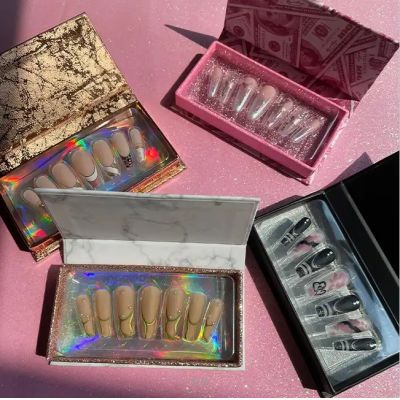 WPR Glossy Hand Made Nails 24 Display Private Label Logo Window Box Package With Pink Solid Color Cat Eye Chrome Short Square Press On Nails Design Artificial Fingernails Nailart 10 Press on Nails Kit with Nail Glue Package Custom Logo Bo