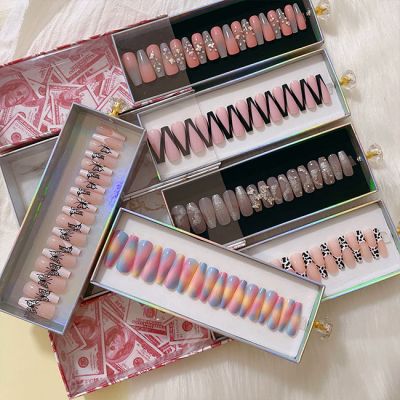 WPR New Hot Sell Display Luxury Private Label Package Box with 24 Pink Solid Medium Square Long Coffin Diamond Crystal Press On Nails Cat Eye Chrome Design Artificial Fingernails Nailart 24 Press on Nails Kit with Nail Glue Package Custom Logo Box