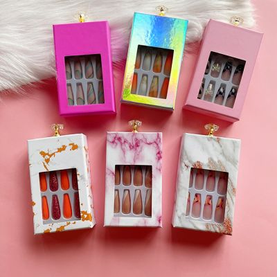 WPR Factory Custom Low MOQ Custom Logo Package Box With Rhinestone Chrome Long Coffin Press on nail Tips Press On Nails Design Long Ballerina French Artificial Fingernails Nailart 10 Size 24 Press on Nails Kit with Nail Glue Package Custom Logo Box