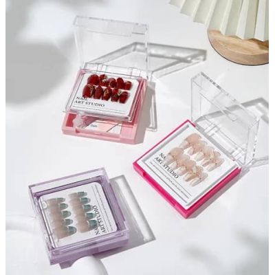 WPR Factory Custom Display Plastic Package Box with Pink Cat Eye Crystal Glitte Medium Coffin Acrylic Fake Manicure Nails 30 display Hand Made Press On Nails Artificial Fingernails Nailart 24 Press on Nails Kit with Nail Glue Package Custom Logo Box