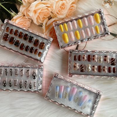 WPR Custom Pretty Logo Box Package French Gems Drill Design Medium Coffin Acrylic Gel Press On Nails Diamond Press On Nails Design Medium Ballerina Artificial Fingernails Nailart 10 Size 24 Press on Nails Kit with Nail Glue Package Custom Logo Box