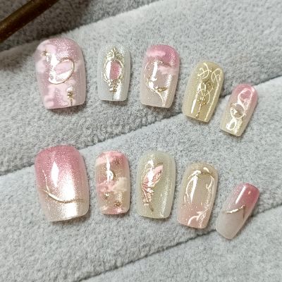 WPR Hot Glossy Hand Made Nails 10 Display Private Label Logo Window Box Package With Pink Gold Ombre Color Cat Eye Chrome Short Square Press On Nails Design Artificial Fingernails Nailart 10 Press on Nails Kit with Nail Glue Package Custom Logo Box