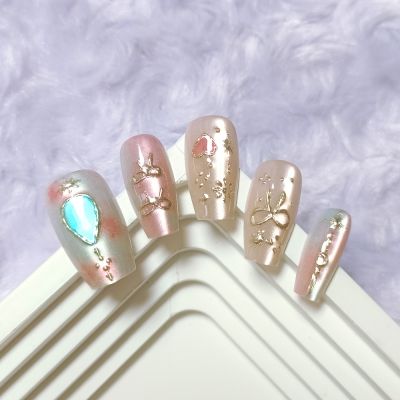 WPR Glossy Hand Made Nails 10 Display Private Label Logo Package With Pink Bowknot Hearts Diamond Cat Eye Chrome Medium Coffin Press On Nails Design Artificial Fingernails Nailart 10 Press on Nails Kit with Nail Glue Package Custom Logo Box