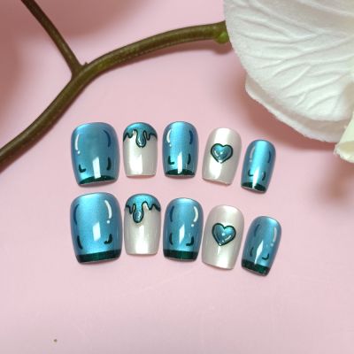 WPR Ins Hot Custom Display Private Label Package 10 Blue White Heart Medium Square Cat Eye Design Diamond Acrylic Nails Press On Nails Design Squoval Artificial Fingernails Oval Nailart 10 Press on Nail Kits with Nail Glue Package Custom Logo Bo