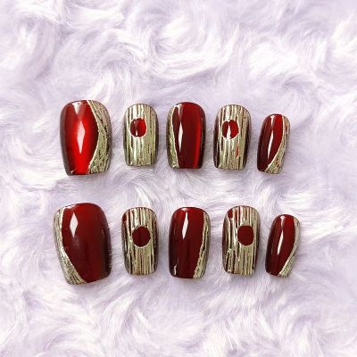 WPR Top Sell Custom Display Private Label Logo Package 10 Red Gold Cat Eye Ombre Medium Coffin Square Hand Made Press On Nails Design Reusable Artificial Fingernails Nailart 10 Press on Nails Kit with Nail Glue Package Custom Logo Box