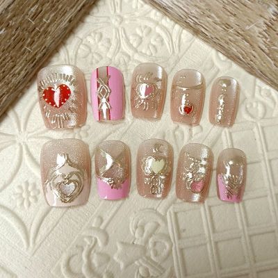 WPR New Custom Display Luxury Private Label Package Box with Pink Flower Pearl Medium Square Coffin SquareDiamond Crystal Press On Nails Cat Eye Chrome Design Artificial Fingernails Nailart 10 Press on Nails Kit with Nail Glue Package Custom Logo Box