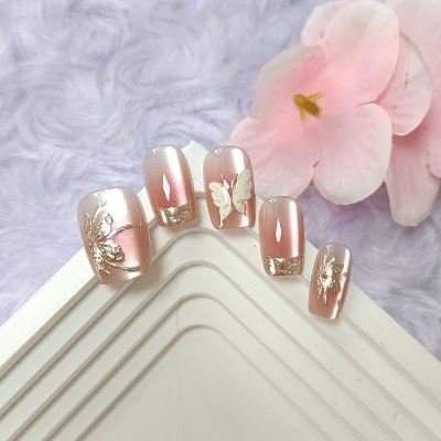 WPR Ins Hot Custom Display Private Label Package 10 Silver Butterfly PinkMedium Square Cat Eye Design Diamond Acrylic Nails Press On Nails Design Squoval Artificial Fingernails Oval Nailart 10 Press on Nail Kits with Nail Glue Package Custom Logo Box