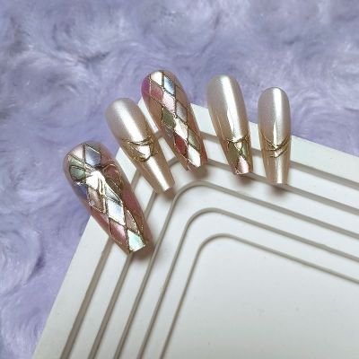 WPR 10 Sliver Pink Nude Cat Eye Nails Long Ballerina Chrome Glitter Nails with Private Label Logo Package Box Press On Nails Artificial Fingernails Nailart Medium Stiletto Press on Nail Kit with Nail Glue Set Custom Logo Box