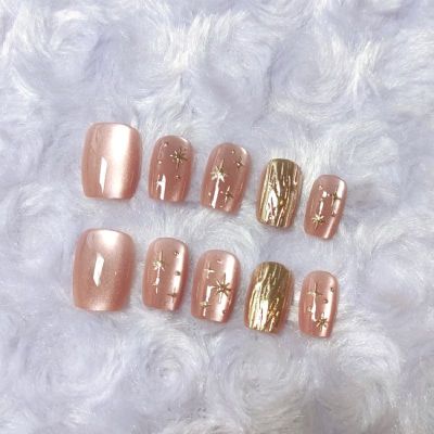 WPR High Class Custom Display Card Package with 10 Pink Gold Stars Cat Eye Crystal Medium Square Manicure nail Tips Press On Nails Medium Coffin Artificial Fingernails Salon Nailart 24 Press on Nail Kit with Nail Glue Sticker Package