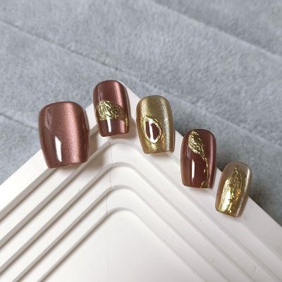 WPR New Custom Display Luxury Private Label Package with Pink Gold Flower Cat Eye Medium Coffin Square Diamond Crystal Press On Nails Cat Eye Chrome Design Artificial Fingernails Nailart 10 Press on Nails Kit with Nail Glue Package Custom Logo 