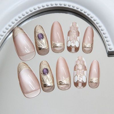 WPR Spring New Cat Eye Gold French Design Almond Nails Display Card Package Acrylic Fake Manicure Nails 10 display Hand Made Press On Nails Artificial Fingernails Nailart 10 Press on Nails Kit with Nail Glue Package